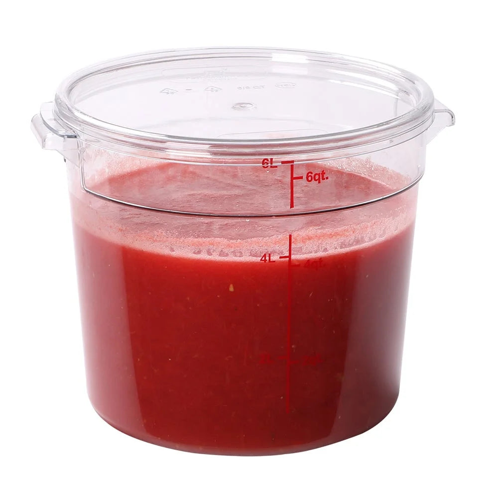 Restaurantware Met Lux 6Qt Clear Plastic Round Food Storage Containers, With Red Volume Marker, 8.75 X 8.75 X 7.75In - Restaurant Equipment and Smallwares - Canadian Distribution - Ships Free Within Canada on Orders Above CAD $199