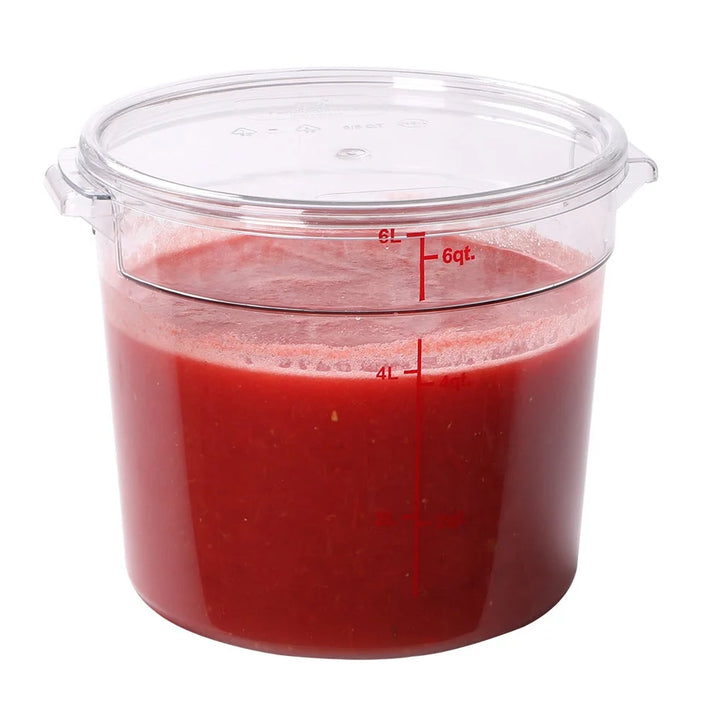 Restaurantware Met Lux 6Qt Clear Plastic Round Food Storage Containers, With Red Volume Marker, 8.75 X 8.75 X 7.75In - Restaurant Equipment and Smallwares - Canadian Distribution - Ships Free Within Canada on Orders Above CAD $199