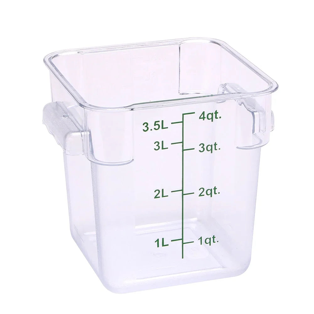 Restaurantware Met Lux 4Qt Clear Plastic Square Food Storage Containers, With Blue Volume Marker, 7 X 7 X 7.25In - Restaurant Equipment and Smallwares - Canadian Distribution