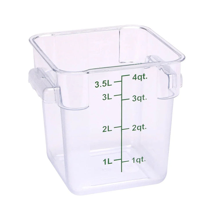 Restaurantware Met Lux 4Qt Clear Plastic Square Food Storage Containers, With Blue Volume Marker, 7 X 7 X 7.25In - Restaurant Equipment and Smallwares - Canadian Distribution