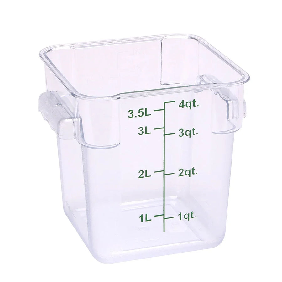 Restaurantware Met Lux 4Qt Clear Plastic Square Food Storage Containers, With Blue Volume Marker, 7 X 7 X 7.25In - Restaurant Equipment and Smallwares - Canadian Distribution