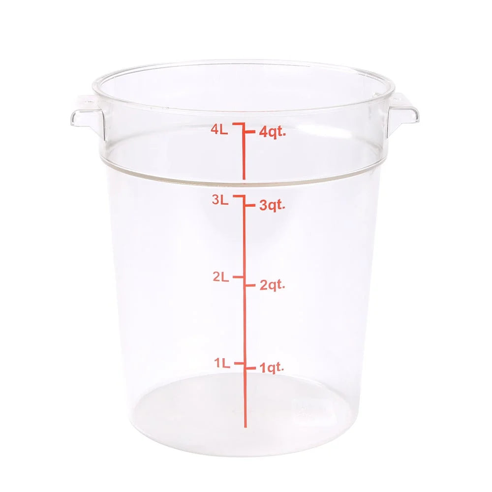 Restaurantware Met Lux 4Qt Clear Plastic Round Food Storage Containers, With Red Volume Marker, 7 X 7 X 8.50In - Restaurant Equipment and Smallwares - Canadian Distribution