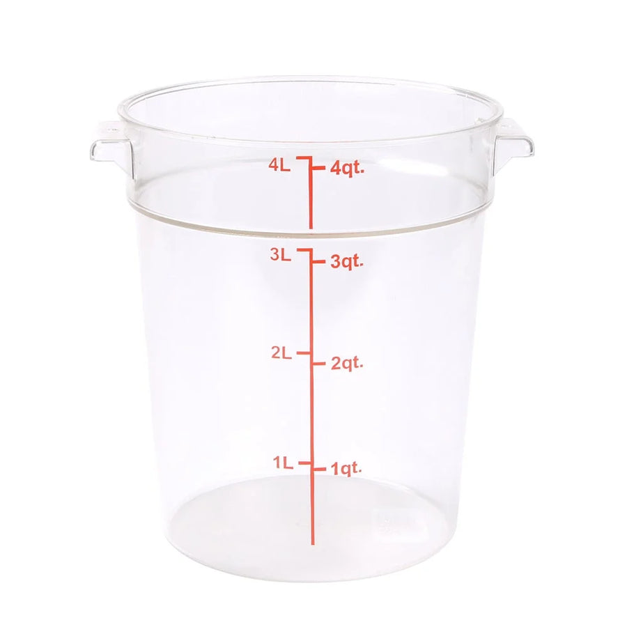Restaurantware Met Lux 4Qt Clear Plastic Round Food Storage Containers, With Red Volume Marker, 7 X 7 X 8.50In - Restaurant Equipment and Smallwares - Canadian Distribution