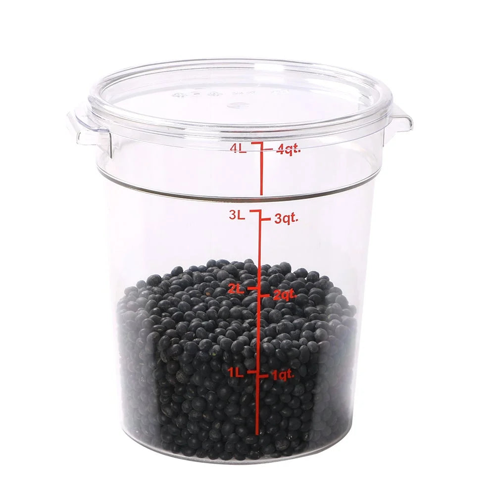 Restaurantware Met Lux 4Qt Clear Plastic Round Food Storage Containers, With Red Volume Marker, 7 X 7 X 8.50In - Restaurant Equipment and Smallwares - Canadian Distribution - Ships Free Within Canada on Orders Above CAD $199