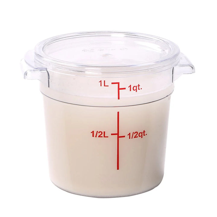 Restaurantware Met Lux 1Qt Clear Plastic Round Food Storage Containers, With Red Volume Marker, 5 X 5 X 4.75In - Restaurant Equipment and Smallwares - Canadian Distribution - Ships Free Within Canada on Orders Above CAD $199