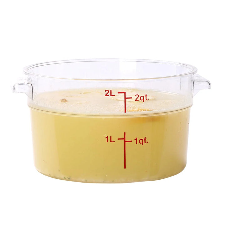 Restaurantware Met Lux 2Qt Clear Plastic Round Food Storage Containers, With Red Volume Marker, 7 X 7 X 4.25In - Restaurant Equipment and Smallwares - Canadian Distribution - Ships Free Within Canada on Orders Above CAD $199