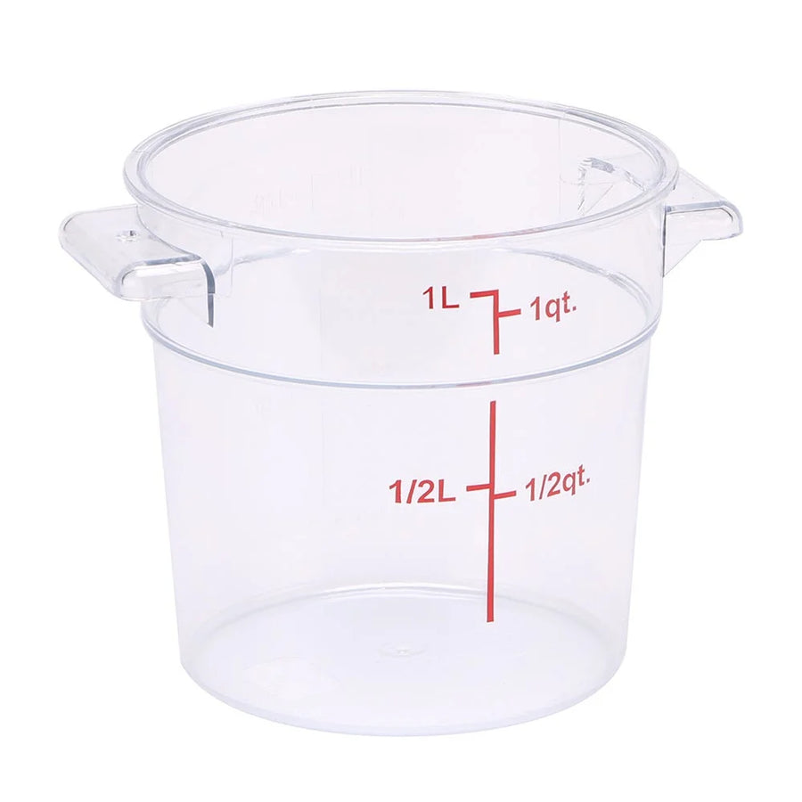Restaurantware Met Lux 1Qt Clear Plastic Round Food Storage Containers, With Red Volume Marker, 5 X 5 X 4.75In - Restaurant Equipment and Smallwares - Canadian Distribution