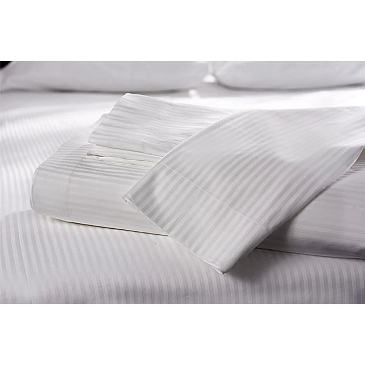 Merit Collection T260 Luxury Satin Striped White Double Flat Bed Sheets, Tone On Tone, 81x120 Inch - Restaurant Equipment and Smallwares - Canadian Distribution