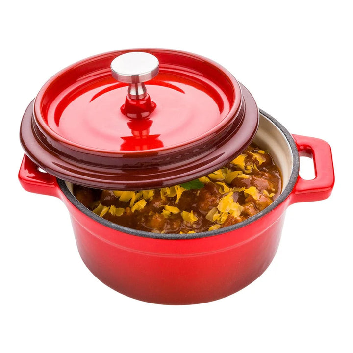 Restaurantware Mini 8oz Red Enameled Cast Iron Casserole Dish, With Stainless Steel Knob - Restaurant Equipment and Smallwares - Canadian Distribution - Ships Free Within Canada on Orders Above CAD $199