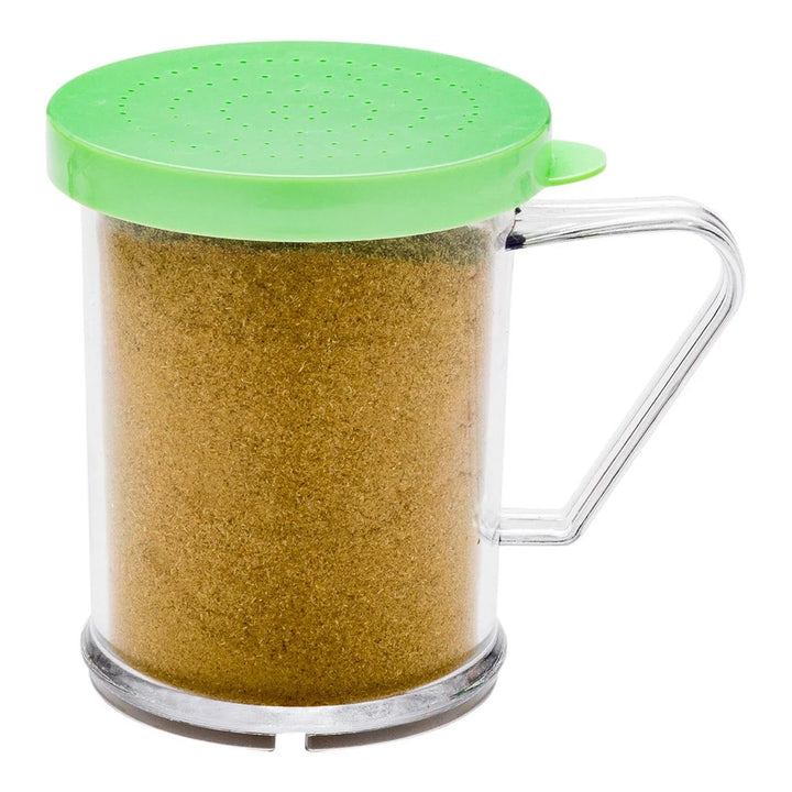 Restaurantware Rw Base Dredge 10oz Clear Spice Shaker, With Green Extra Fine Lid, 4.75X3.25X4 Inch, Polycarbonate - Restaurant Equipment and Smallwares - Canadian Distribution - Ships Free Within Canada on Orders Above CAD $199