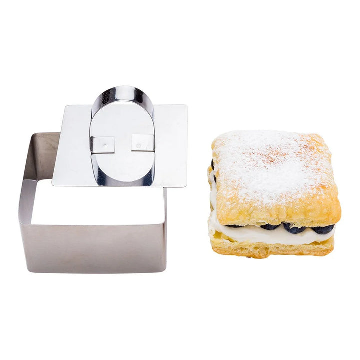 Restaurantware Pastry Tek Stainless Steel Square Pastry Ring Mold, With Press, 3.3 X 1.5In - Restaurant Equipment and Smallwares - Canadian Distribution - Ships Free Within Canada on Orders Above CAD $199