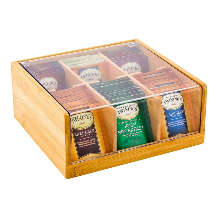 Restaurantware 6-Compartment Bamboo Tea Organizer, With Plastic Cover, 8.5X8X3In - Restaurant Equipment and Smallwares - Canadian Distribution - Ships Free Within Canada on Orders Above CAD $199