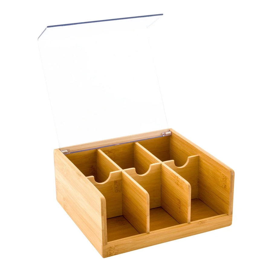 Restaurantware 6-Compartment Bamboo Tea Organizer, With Plastic Cover, 8.5X8X3In - Restaurant Equipment and Smallwares - Canadian Distribution