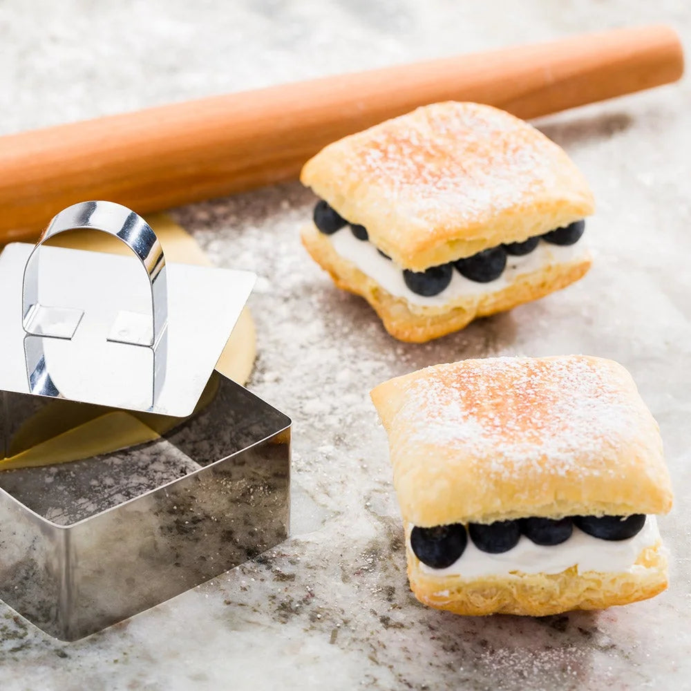 Restaurantware Pastry Tek Stainless Steel Square Pastry Ring Mold, With Press, 3.3 X 1.5In - Restaurant Equipment and Smallwares - Canadian Distribution - Ships Free Within Canada on Orders Above CAD $199