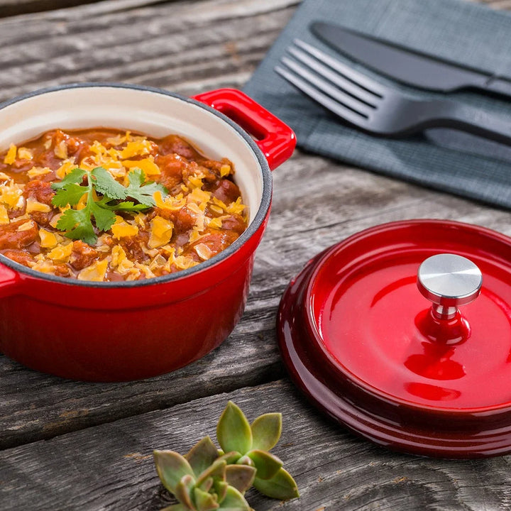 Restaurantware Mini 8oz Red Enameled Cast Iron Casserole Dish, With Stainless Steel Knob - Restaurant Equipment and Smallwares - Canadian Distribution - Ships Free Within Canada on Orders Above CAD $199
