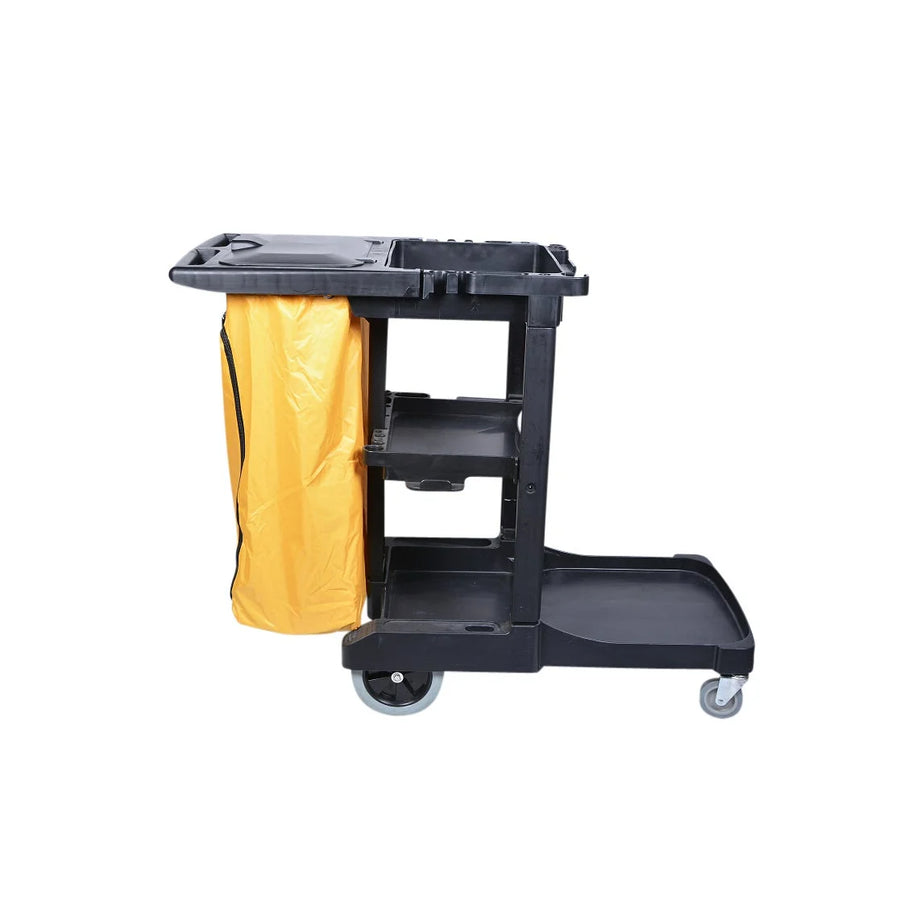 Restaurantware Rw Clean Black Plastic Janitor Cart, 44.25X20X37.75In, Heavy-Duty, 3-Shelf/20Gal Nylon Bag/Hinged Lid - Restaurant Equipment and Smallwares - Canadian Distribution