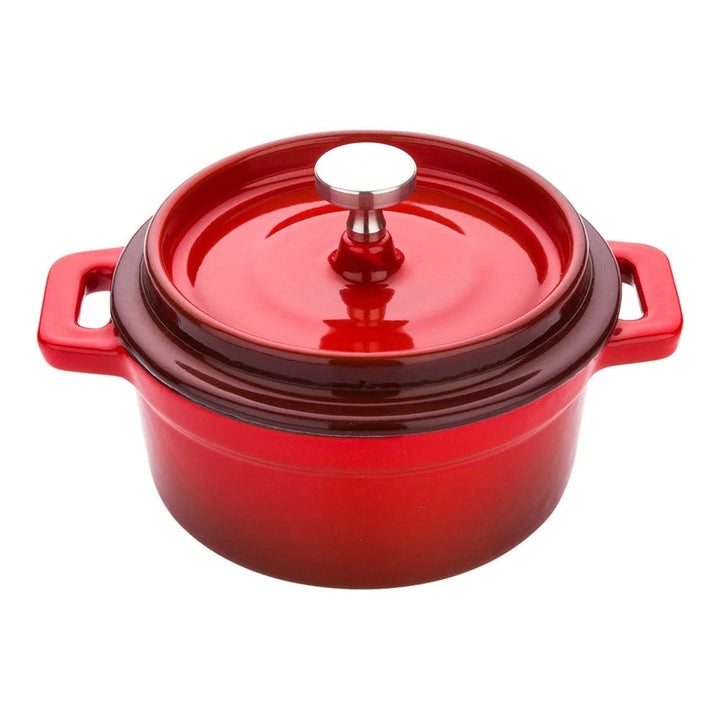 Restaurantware Mini 8oz Red Enameled Cast Iron Casserole Dish, With Stainless Steel Knob - Restaurant Equipment and Smallwares - Canadian Distribution