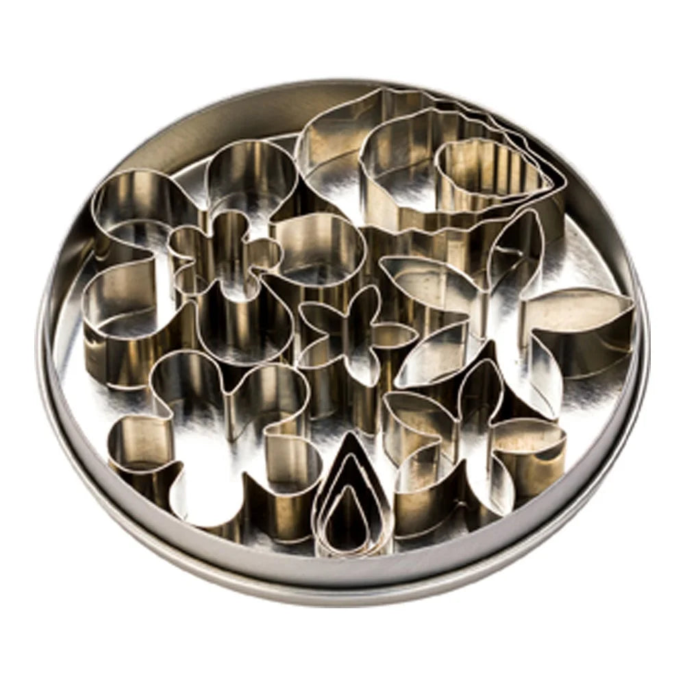 Restaurantware Pastry Tek 12-Piece Metal Flower & Leaf Cookie Cutter Set, In Round Tin Box - Restaurant Equipment and Smallwares - Canadian Distribution