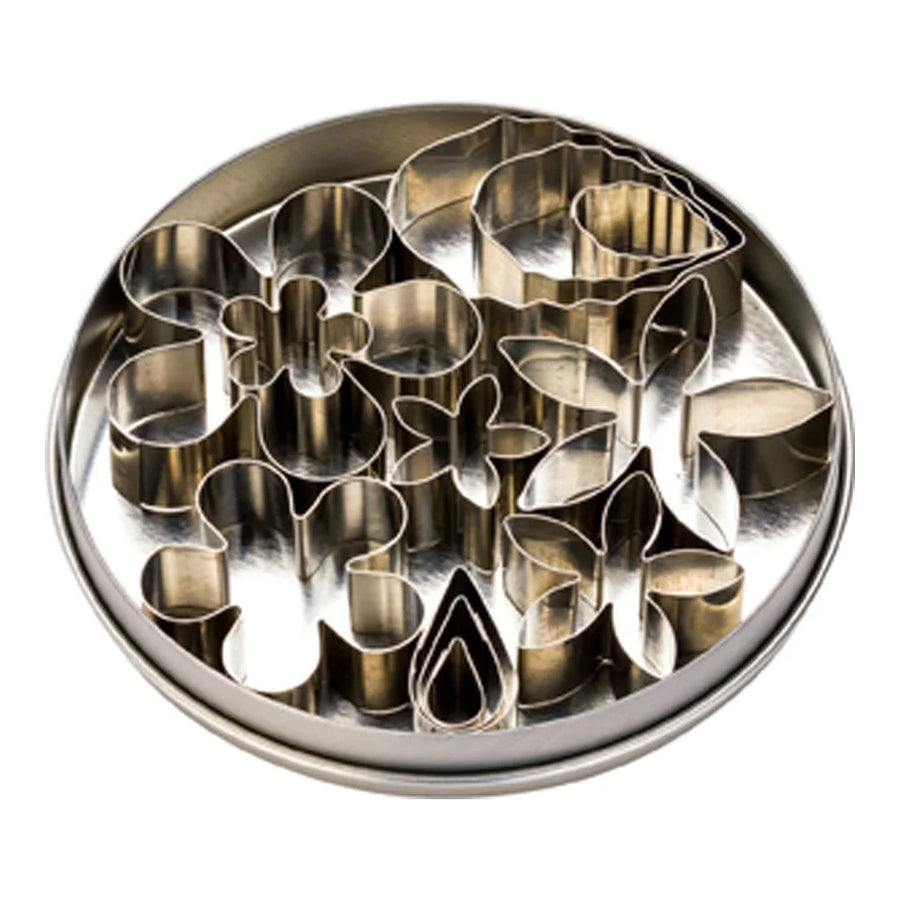 Restaurantware Pastry Tek 12-Piece Metal Flower & Leaf Cookie Cutter Set, In Round Tin Box - Restaurant Equipment and Smallwares - Canadian Distribution