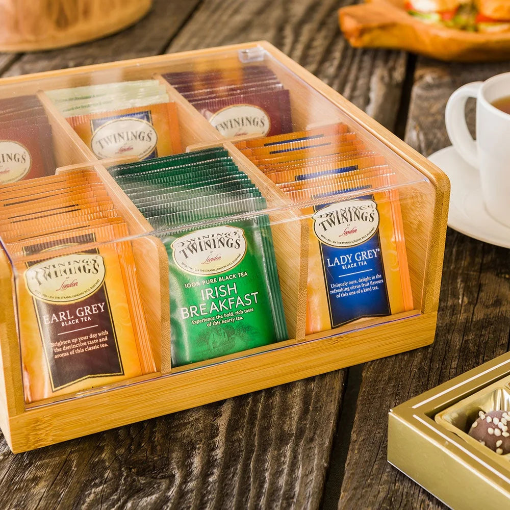 Restaurantware 6-Compartment Bamboo Tea Organizer, With Plastic Cover, 8.5X8X3In - Restaurant Equipment and Smallwares - Canadian Distribution - Ships Free Within Canada on Orders Above CAD $199