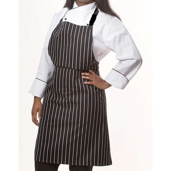 Gold + Cross No Pocket Full Length Black Twill Bib Aprons, Standard, With White Stripes, Polyester - Restaurant Equipment and Smallwares - Canadian Distribution