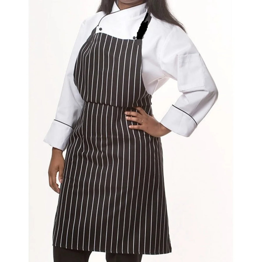 Gold + Cross No Pocket Full Length Black Twill Bib Aprons, Standard, With White Stripes, Polyester - Restaurant Equipment and Smallwares - Canadian Distribution