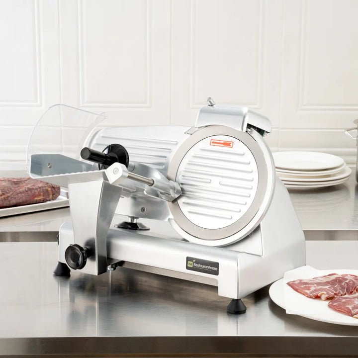 Restaurantware Hi Tek 10In Manual Gravity Feed Meat Slicer, Stainless Steel, 1/4HP - Restaurant Equipment and Smallwares - Canadian Distribution - Ships Free Within Canada on Orders Above CAD $199