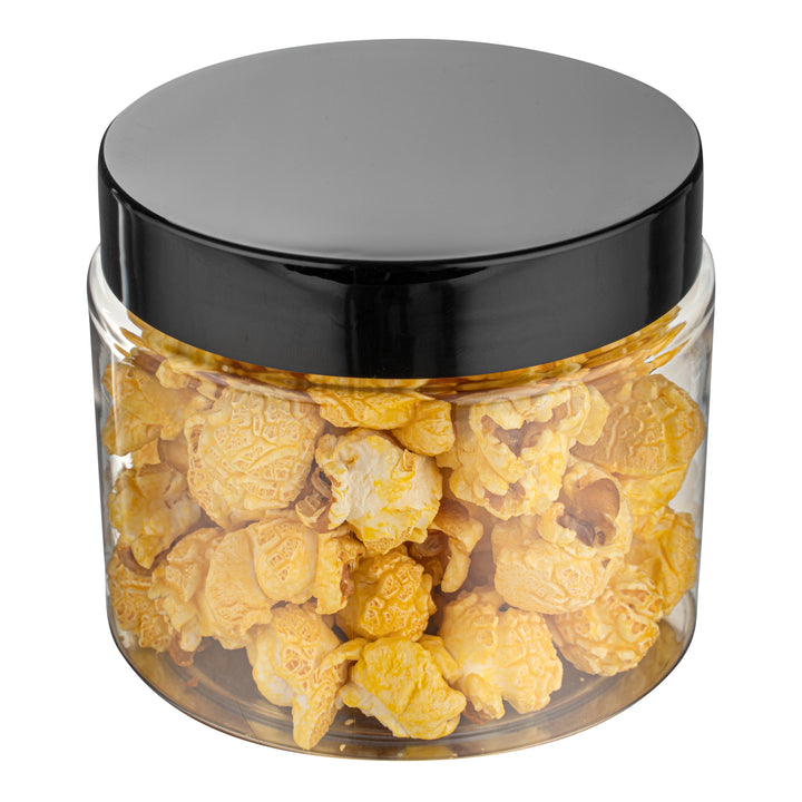 Restaurantware RW Base 16oz Clear Plastic Candy & Snack Jars, with Black Plastic Lid, 3.75 x 3.75 x 3In - Restaurant Equipment and Smallwares - Canadian Distribution - Ships Free Within Canada on Orders Above CAD $199