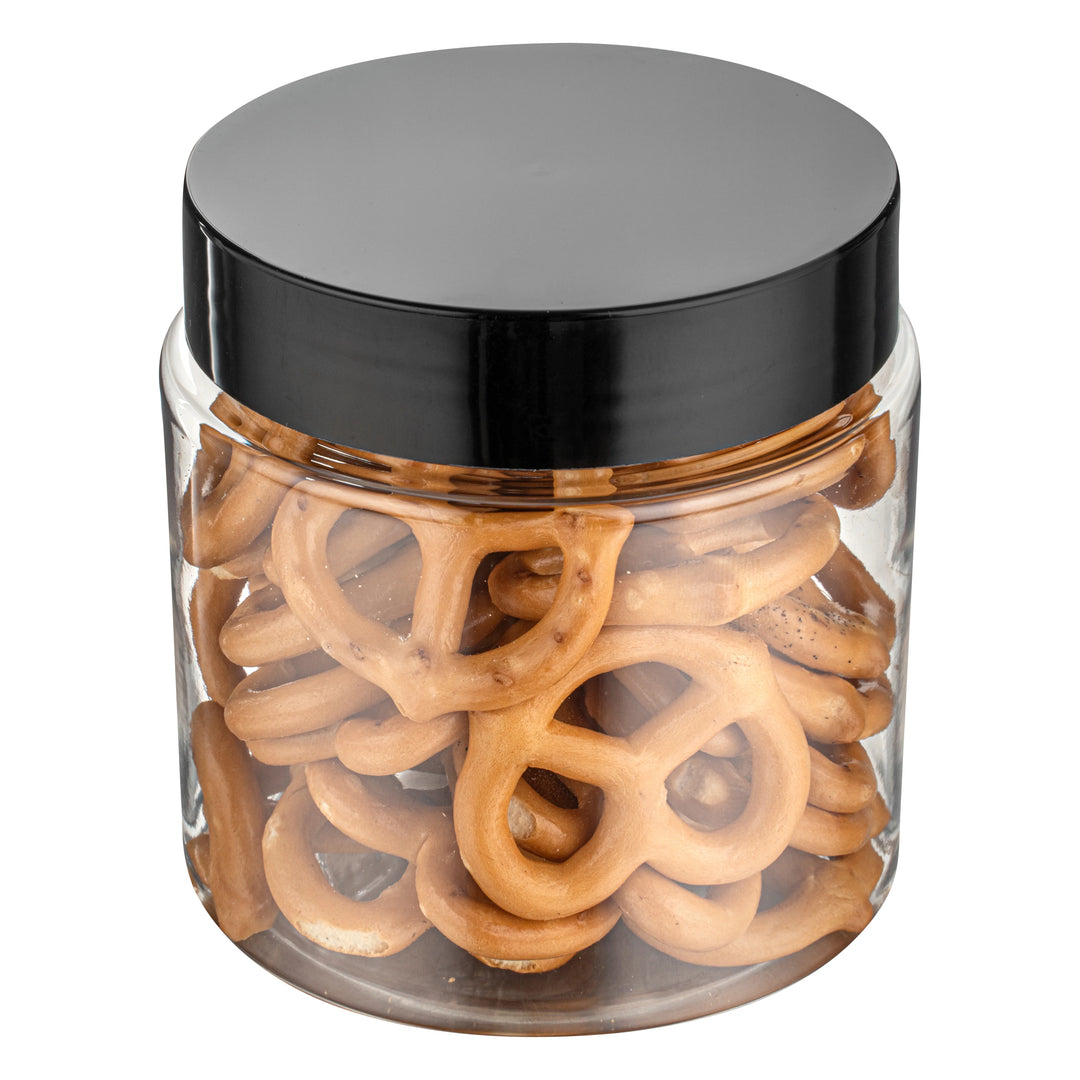 Restaurantware RW Base 8oz Clear Plastic Candy & Snack Jars, with Black Plastic Lid, 3 x 3 x 3In - Restaurant Equipment and Smallwares - Canadian Distribution - Ships Free Within Canada on Orders Above CAD $199