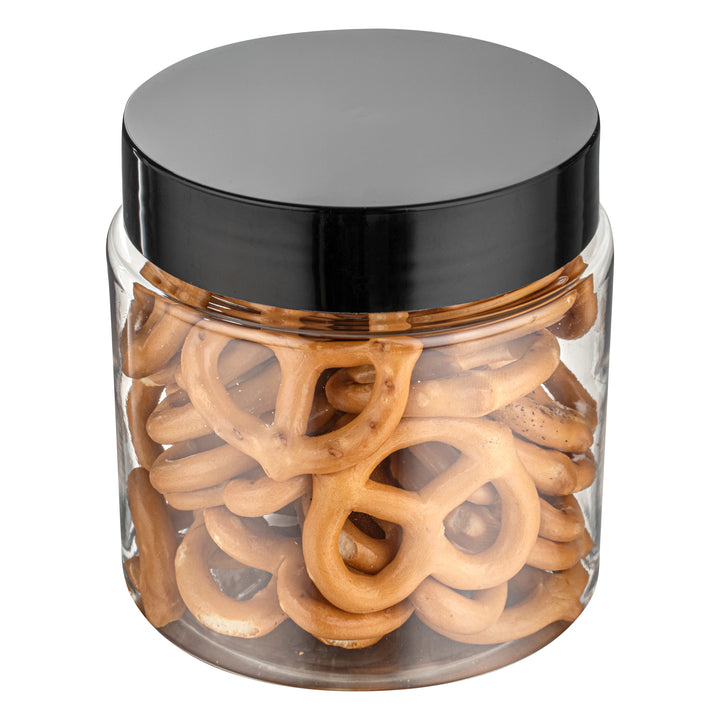 Restaurantware RW Base 8oz Clear Plastic Candy & Snack Jars, with Black Plastic Lid, 3 x 3 x 3In - Restaurant Equipment and Smallwares - Canadian Distribution - Ships Free Within Canada on Orders Above CAD $199