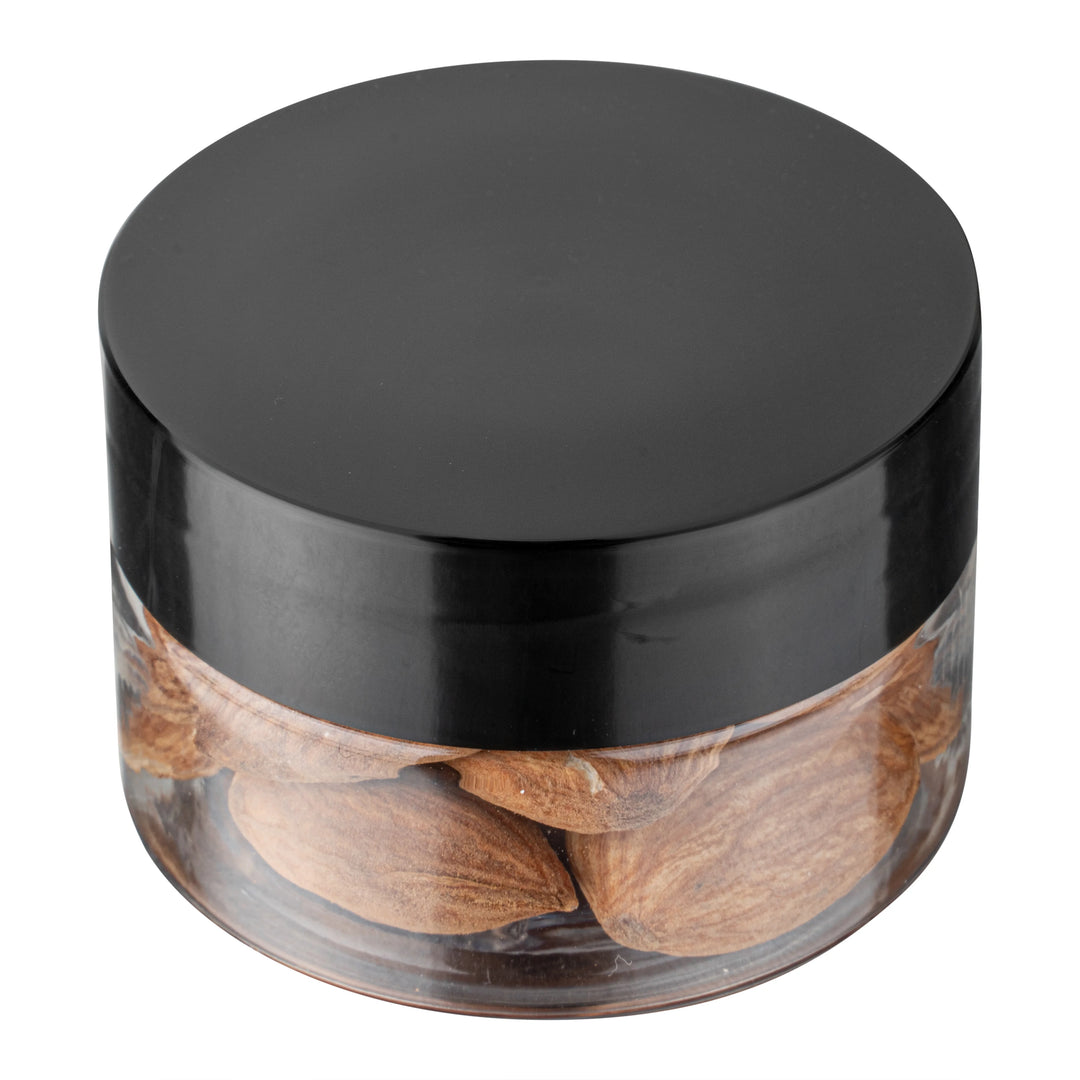Restaurantware RW Base 1oz Clear Plastic Candy & Snack Jars, with Black Plastic Lid, 2 x 2 x 1.25In - Restaurant Equipment and Smallwares - Canadian Distribution - Ships Free Within Canada on Orders Above CAD $199