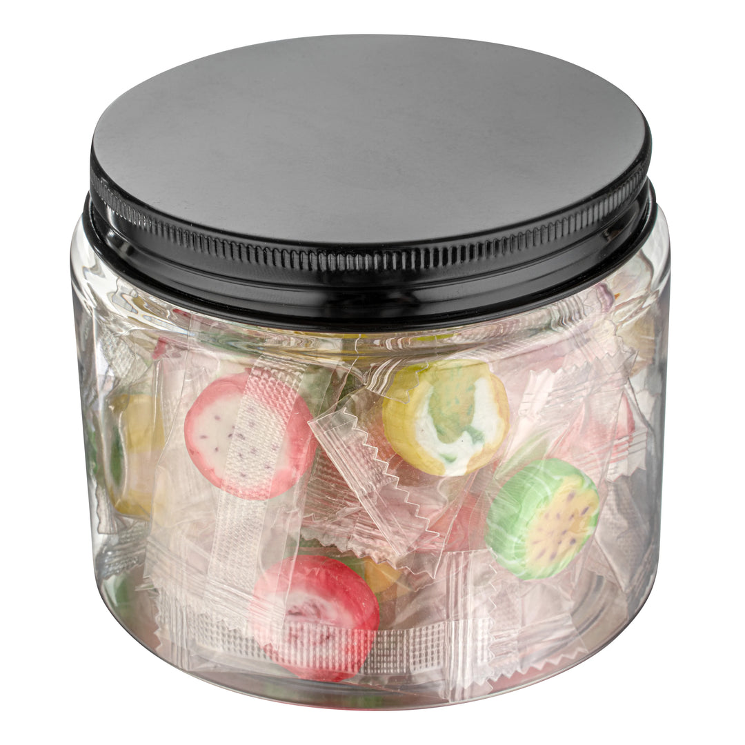 Restaurantware RW Base 16oz Clear Plastic Candy & Snack Jars, with Black Aluminum Lid, 3.75 x 3.75 x 3In - Restaurant Equipment and Smallwares - Canadian Distribution - Ships Free Within Canada on Orders Above CAD $199