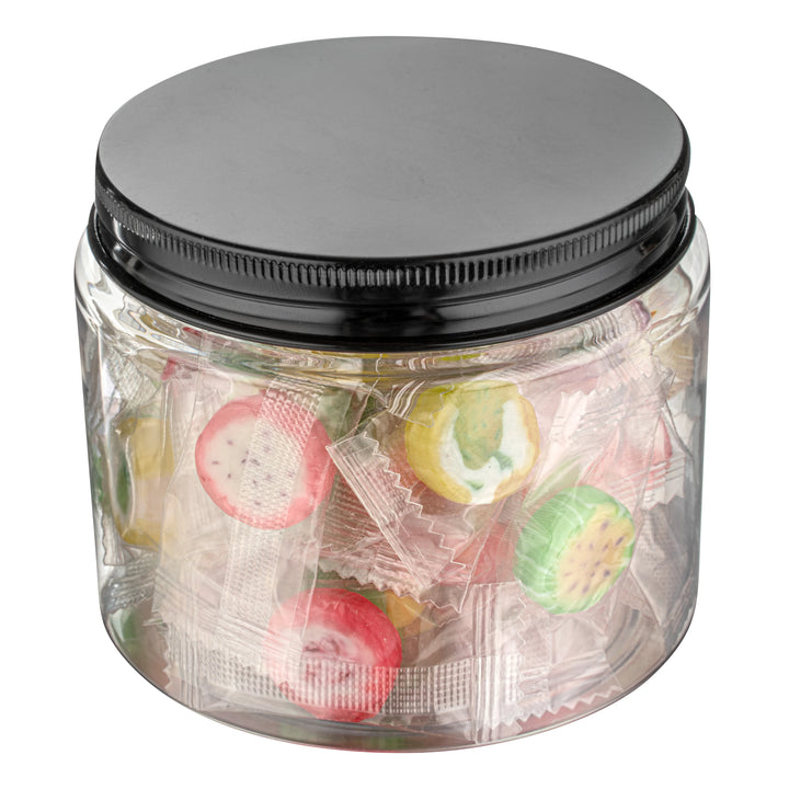 Restaurantware RW Base 16oz Clear Plastic Candy & Snack Jars, with Black Aluminum Lid, 3.75 x 3.75 x 3In - Restaurant Equipment and Smallwares - Canadian Distribution - Ships Free Within Canada on Orders Above CAD $199