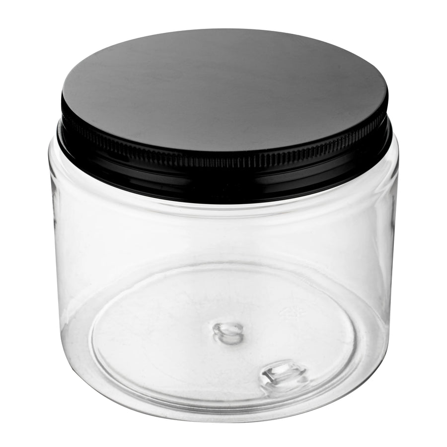 Restaurantware RW Base 16oz Clear Plastic Candy & Snack Jars, with Black Aluminum Lid, 3.75 x 3.75 x 3In - Restaurant Equipment and Smallwares - Canadian Distribution
