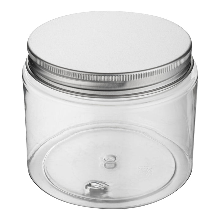 Restaurantware RW Base 16oz Clear Plastic Candy & Snack Jars, with Silver Aluminum Lid, 3.75 x 3.75 x 3In - Restaurant Equipment and Smallwares - Canadian Distribution