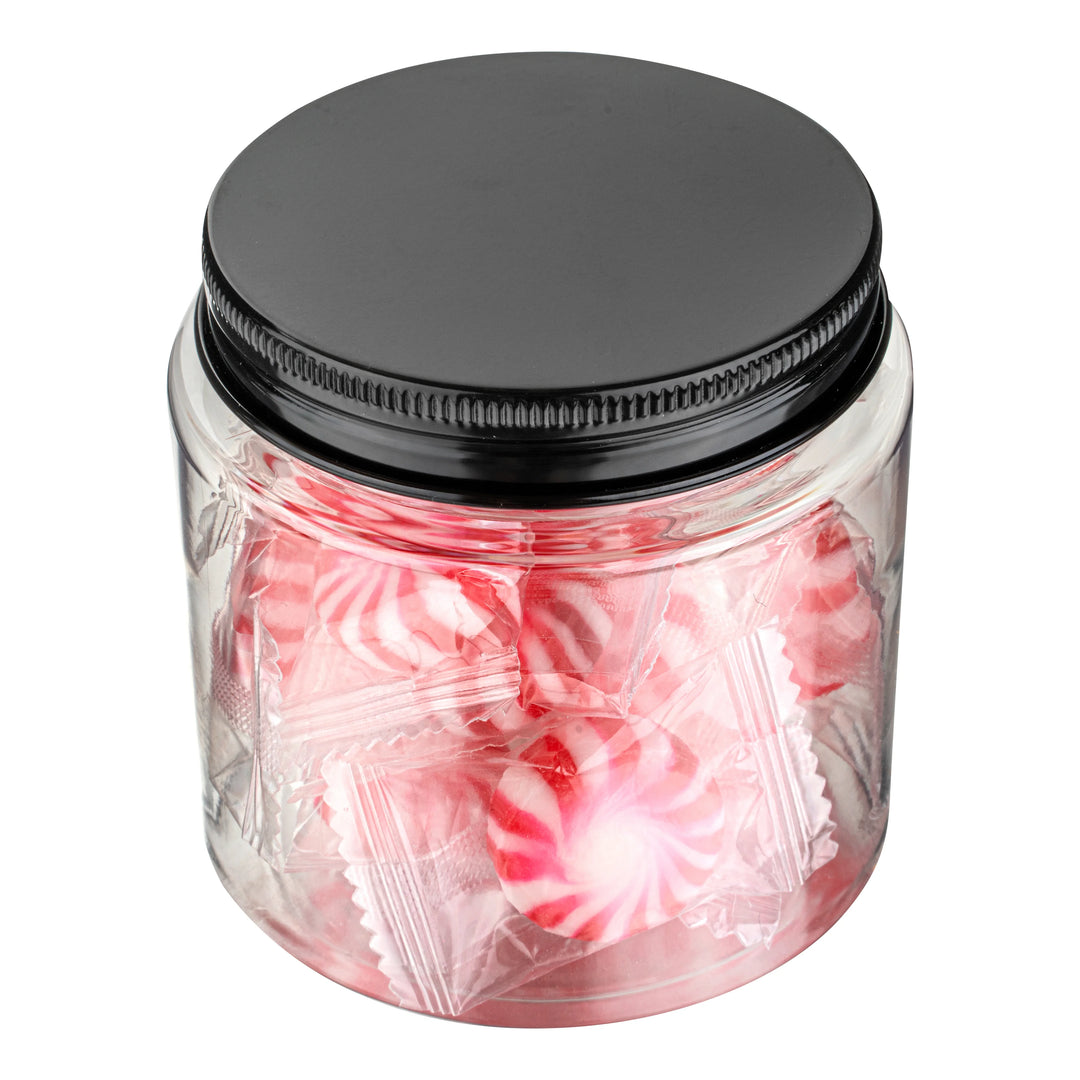 Restaurantware RW Base 8oz Clear Plastic Candy & Snack Jars, with Black Aluminum Lid, 3 x 3 x 3In - Restaurant Equipment and Smallwares - Canadian Distribution - Ships Free Within Canada on Orders Above CAD $199