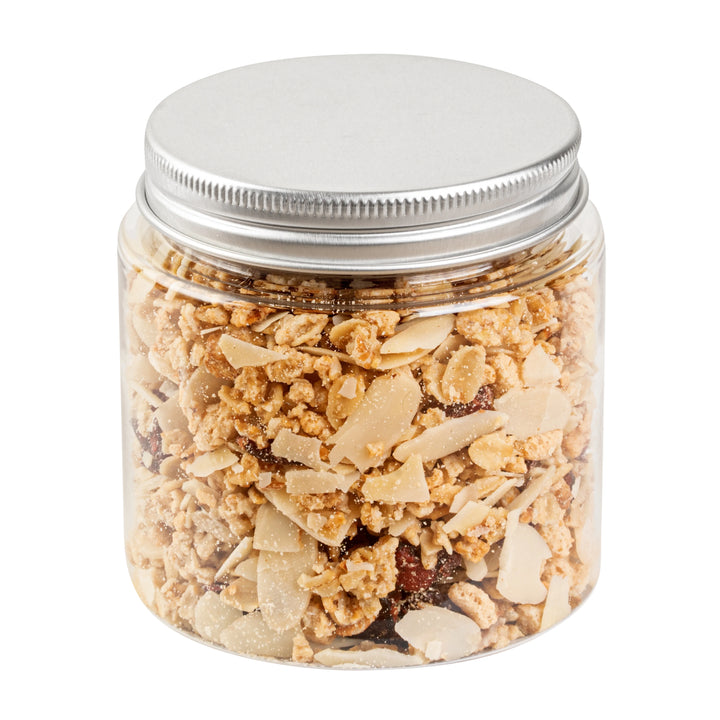 Restaurantware RW Base 8oz Clear Plastic Candy & Snack Jars, with Silver Aluminum Lid, 3 x 3 x 3In - Restaurant Equipment and Smallwares - Canadian Distribution - Ships Free Within Canada on Orders Above CAD $199