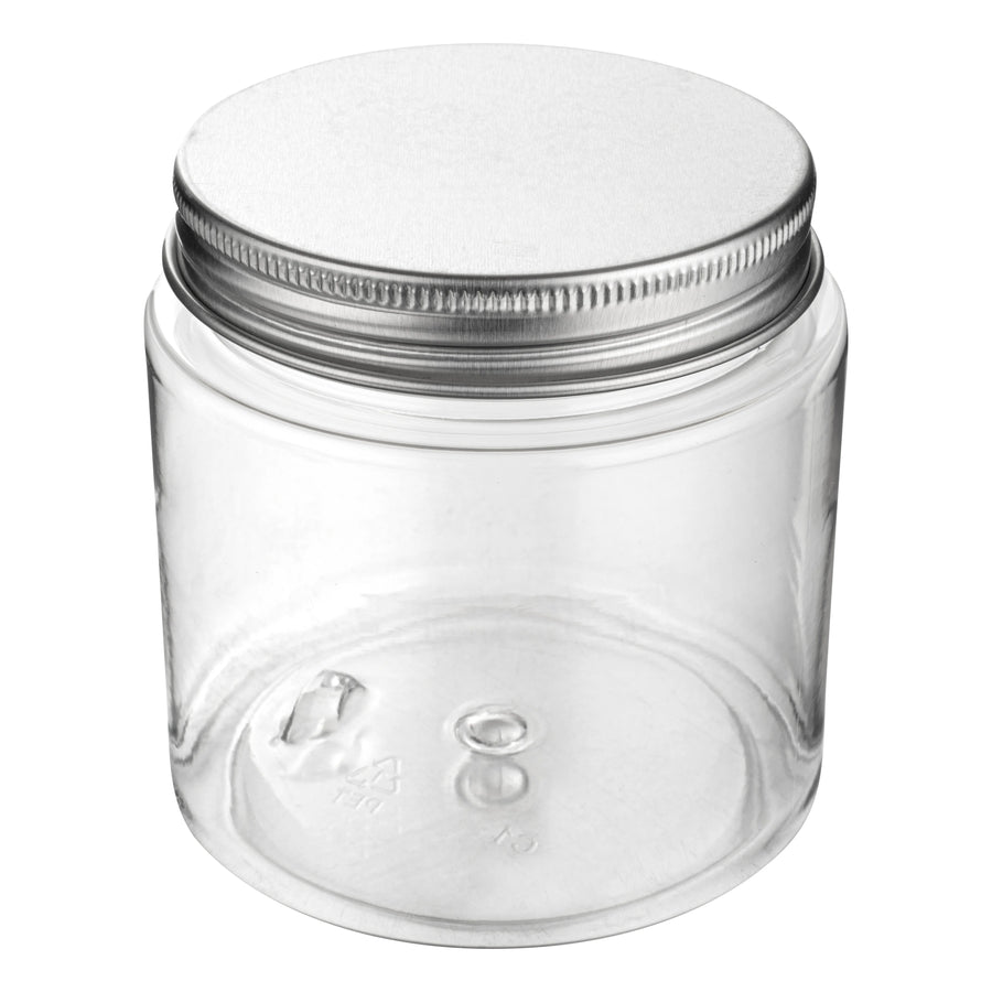 Restaurantware RW Base 8oz Clear Plastic Candy & Snack Jars, with Silver Aluminum Lid, 3 x 3 x 3In - Restaurant Equipment and Smallwares - Canadian Distribution