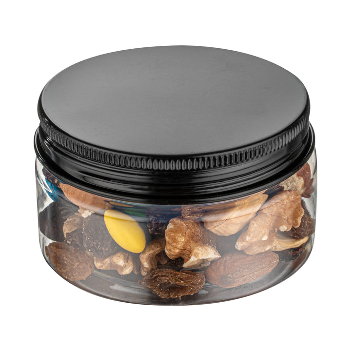 Restaurantware RW Base 4oz Clear Plastic Candy & Snack Jars, with Black Aluminum Lid, 2.75 x 2.75 x 1.5In - Restaurant Equipment and Smallwares - Canadian Distribution - Ships Free Within Canada on Orders Above CAD $199