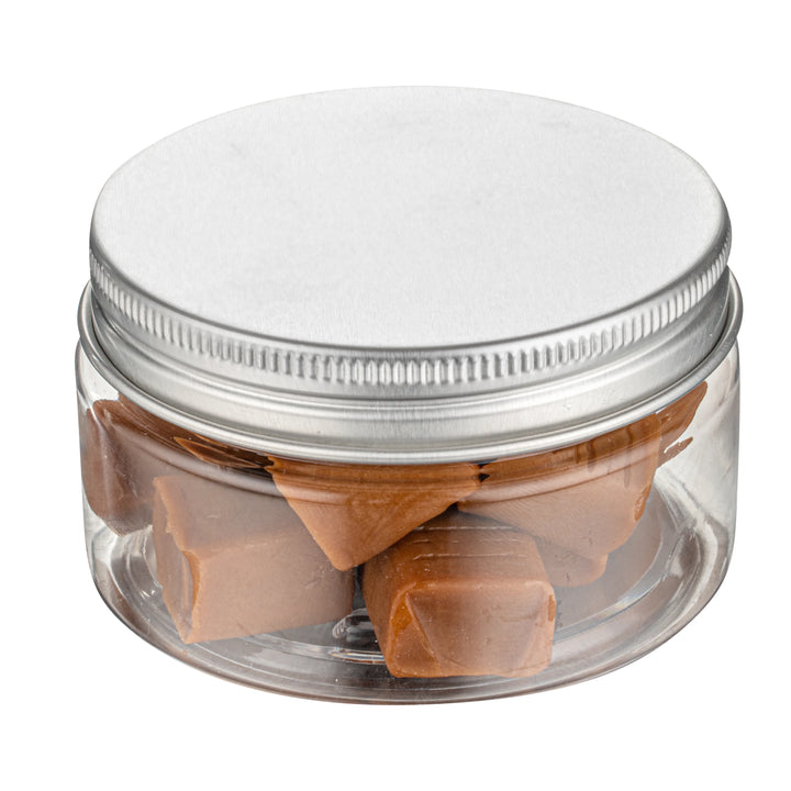 Restaurantware RW Base 4oz Clear Plastic Candy & Snack Jars, with Silver Aluminum Lid, 2.75 x 2.75 x 1.5In - Restaurant Equipment and Smallwares - Canadian Distribution - Ships Free Within Canada on Orders Above CAD $199
