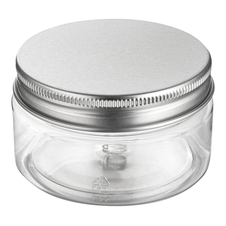 Restaurantware RW Base 4oz Clear Plastic Candy & Snack Jars, with Silver Aluminum Lid, 2.75 x 2.75 x 1.5In - Restaurant Equipment and Smallwares - Canadian Distribution
