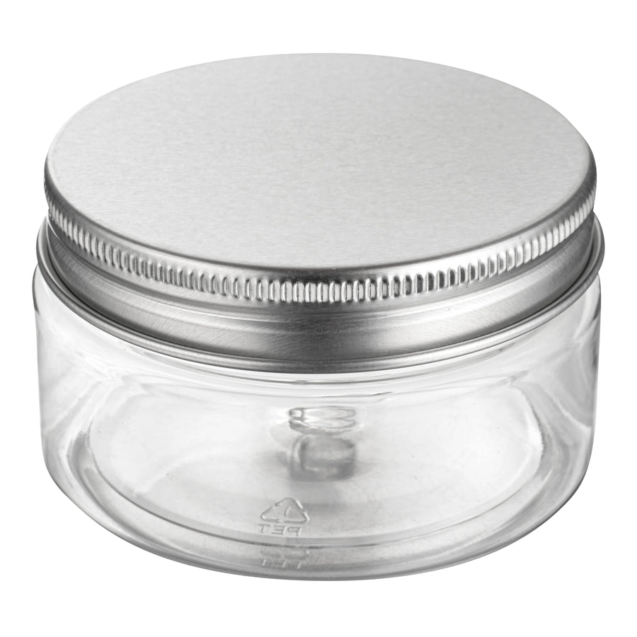 Restaurantware RW Base 4oz Clear Plastic Candy & Snack Jars, with Silver Aluminum Lid, 2.75 x 2.75 x 1.5In - Restaurant Equipment and Smallwares - Canadian Distribution