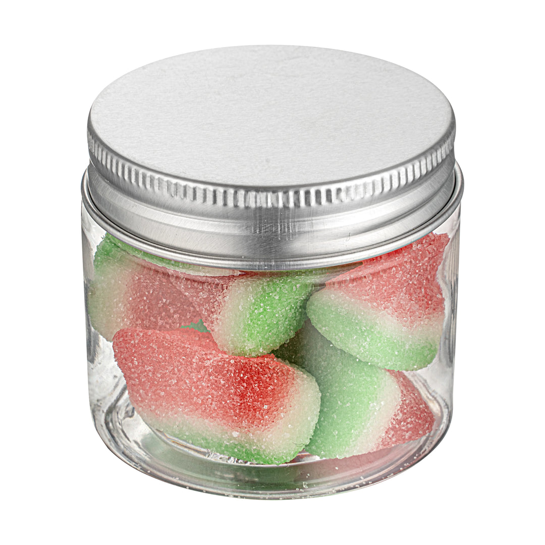 Restaurantware RW Base 2oz Clear Plastic Candy & Snack Jars, with Silver Aluminum Lid, 2 x 2 x 1.75In - Restaurant Equipment and Smallwares - Canadian Distribution - Ships Free Within Canada on Orders Above CAD $199