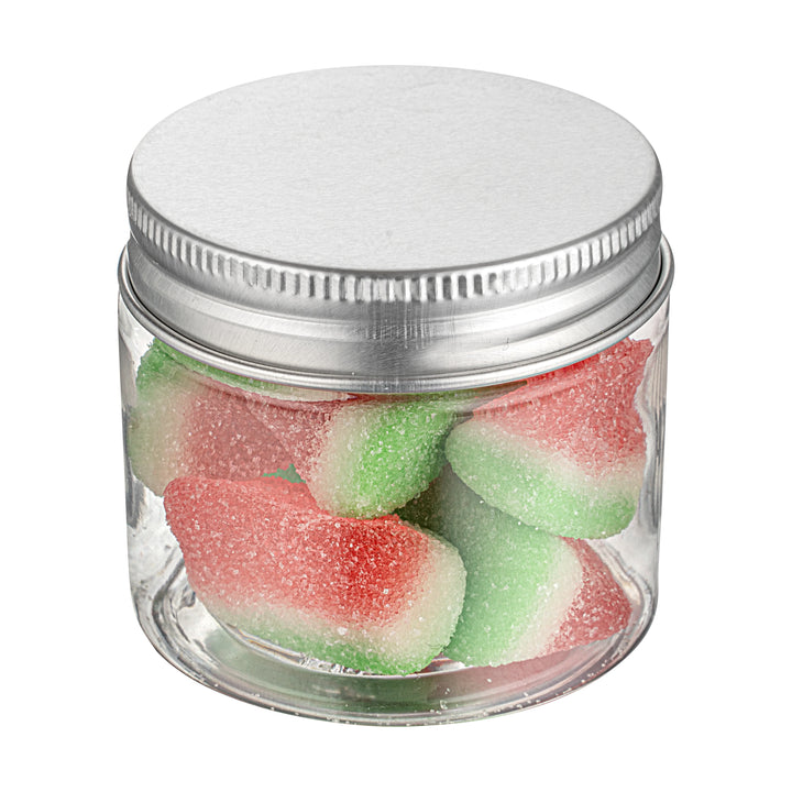 Restaurantware RW Base 2oz Clear Plastic Candy & Snack Jars, with Silver Aluminum Lid, 2 x 2 x 1.75In - Restaurant Equipment and Smallwares - Canadian Distribution - Ships Free Within Canada on Orders Above CAD $199