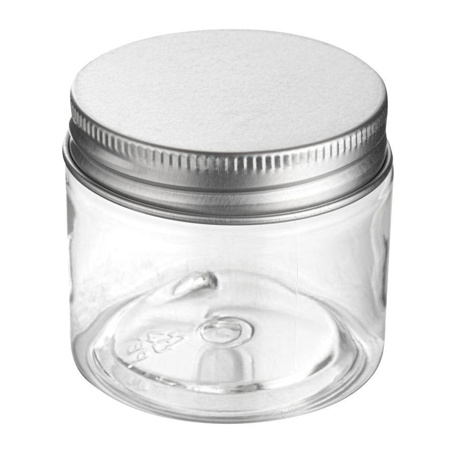 Restaurantware RW Base 2oz Clear Plastic Candy & Snack Jars, with Silver Aluminum Lid, 2 x 2 x 1.75In - Restaurant Equipment and Smallwares - Canadian Distribution