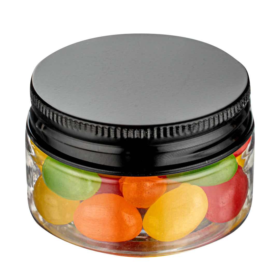 Restaurantware RW Base 1oz Clear Plastic Candy & Snack Jars, with Black Aluminum Lid, 2 x 2 x 1.25In - Restaurant Equipment and Smallwares - Canadian Distribution - Ships Free Within Canada on Orders Above CAD $199