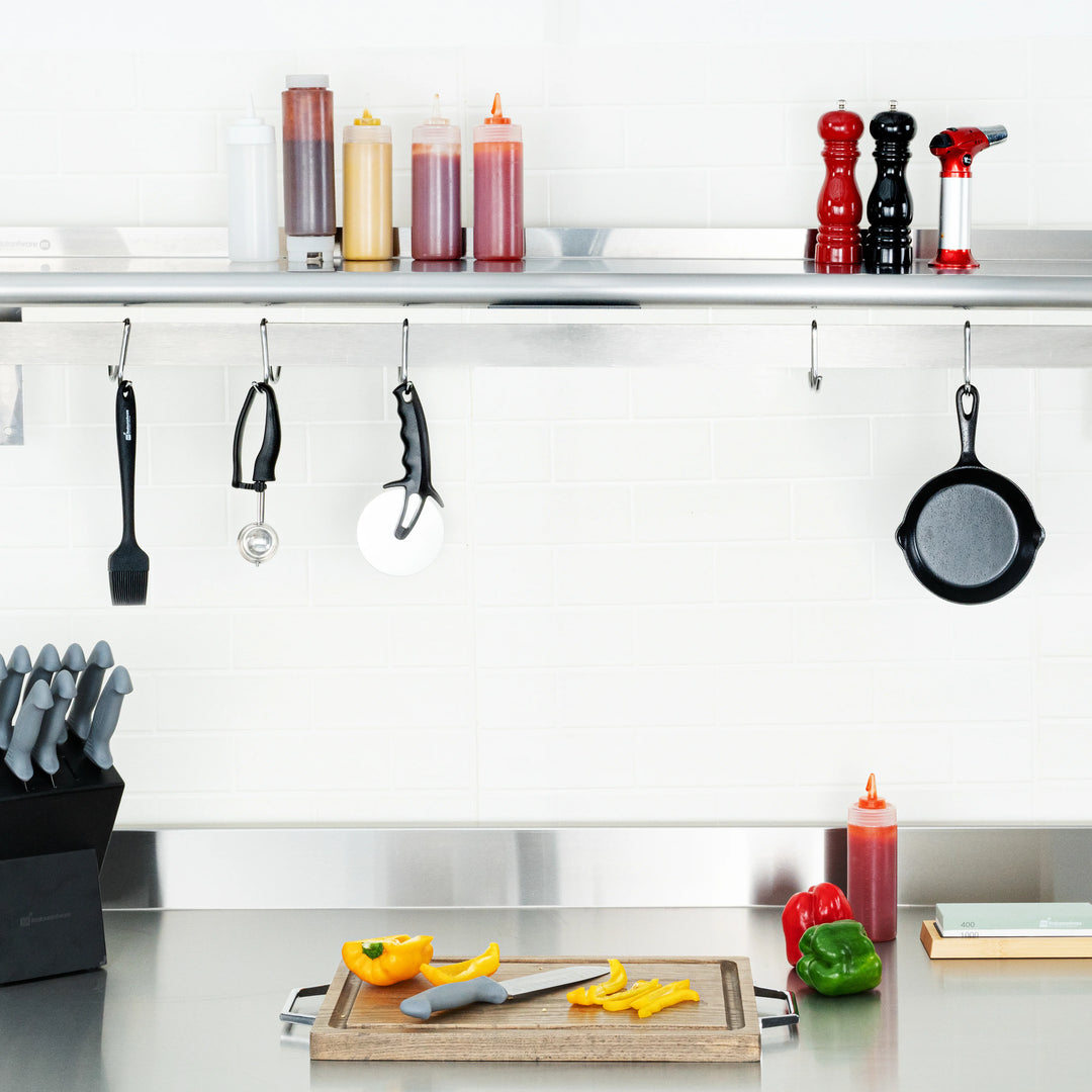 Restaurantware 12 x 60In Wall Mounted Pot Rack, Stainless Steel, 18 Hook, with Shelf - 1 Unit/Case - Restaurant Equipment and Smallwares - Canadian Distribution - Ships Free Within Canada on Orders Above CAD $199