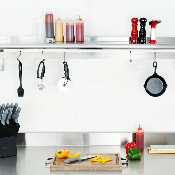 Restaurantware 12 x 60In Wall Mounted Pot Rack, Stainless Steel, 18 Hook, with Shelf - 1 Unit/Case - Restaurant Equipment and Smallwares - Canadian Distribution - Ships Free Within Canada on Orders Above CAD $199