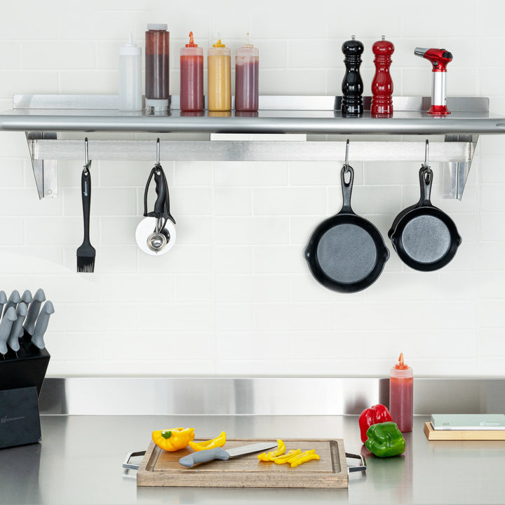 Restaurantware 12 x 48In Wall Mounted Pot Rack, Stainless Steel, 18 Hook, with Shelf - Restaurant Equipment and Smallwares - Canadian Distribution - Ships Free Within Canada on Orders Above CAD $199