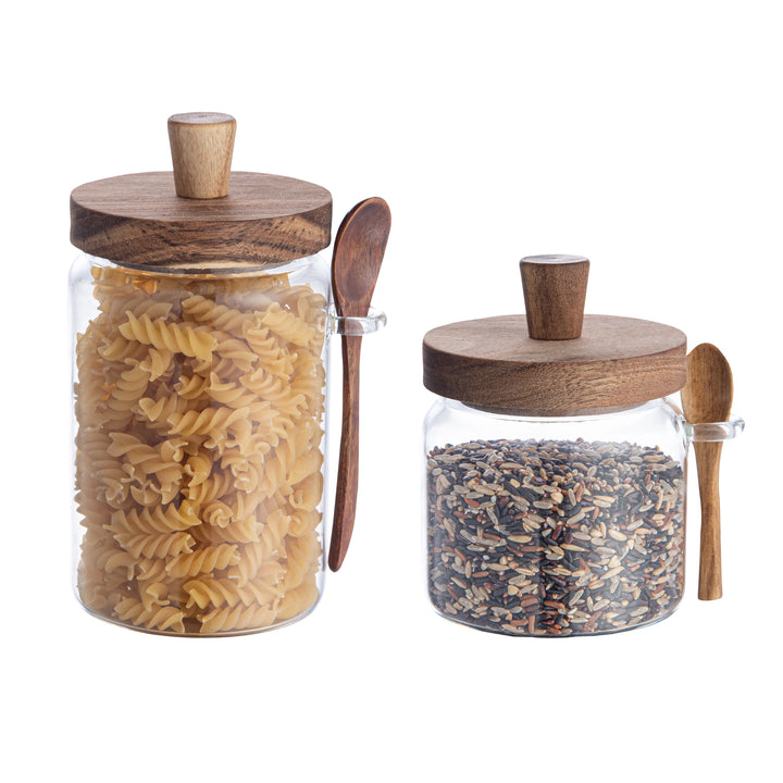 Restaurantware 8X8X7.5In Glass Vetri Storage Jar Set, With Acacia Lid & Spoon - Restaurant Equipment and Smallwares - Canadian Distribution - Ships Free Within Canada on Orders Above CAD $199